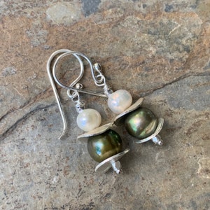 Green and White Pearl Earrings with Sterling Silver, 1.5 inch
