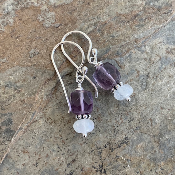 Amethyst and Moonstone Earrings with Sterling Silver, 1.25 inches long
