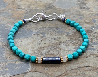 Turquoise Bracelet with Lapis Lazuli, Moonstone, Gold Vermeil and Sterling Silver, 7.5 inches