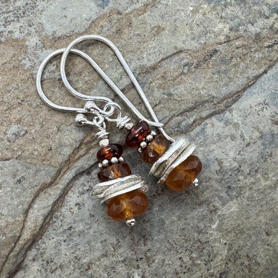 Hessonite Garnet Earrings with Sterling Silver, 1.25 inch