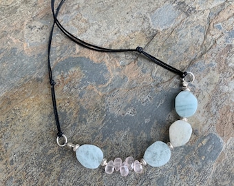 Aquamarine Necklace, Choker on Cord, 18 inch