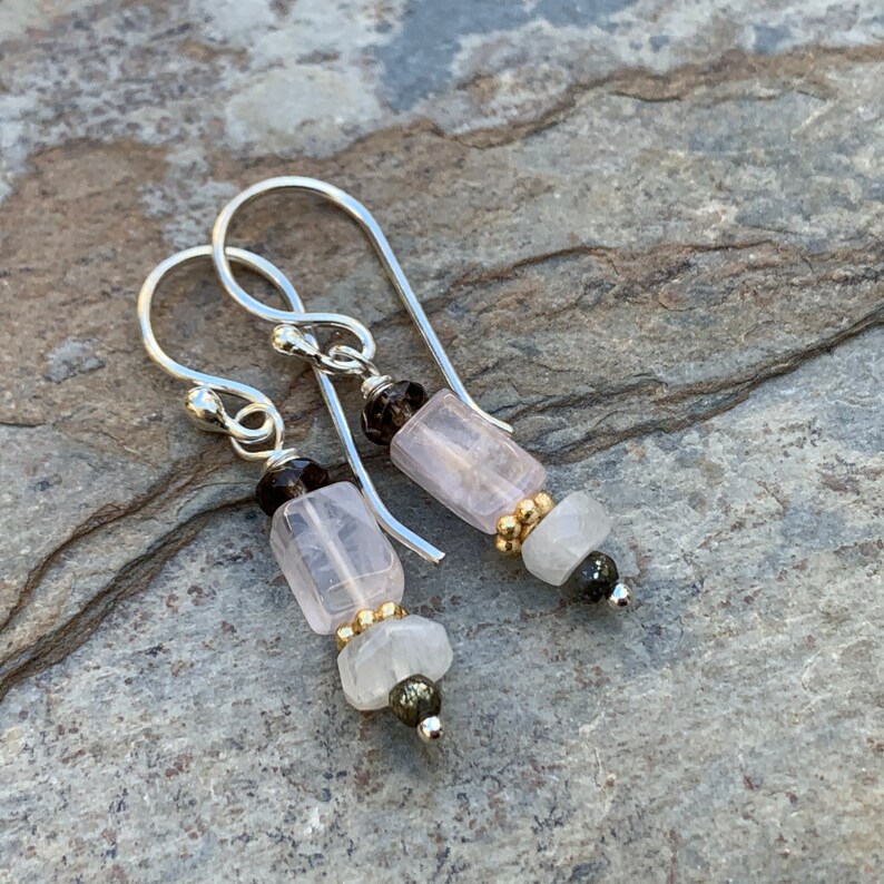 Gold Vermeil and Sterling Silver 1.25 inch Rose Quartz Earrings with Moonstone Smokey Quartz