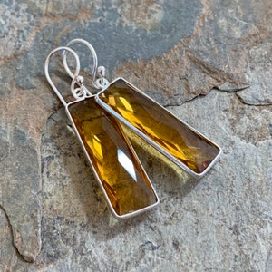 Long Rectangle Citrine Bezel Earrings, set in Sterling Silver, 2 inch