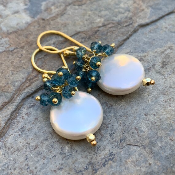 Pearl Earrings With Blue Quartz Clusters and Vermeil Gold, Grade