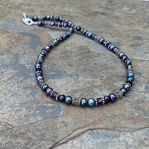 Peacock Pearl Necklace with Amethyst, Labradorite and Sterling Silver, 18 inches long