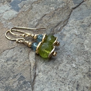 Peridot Earrings with London Blue Topaz and Vermeil Gold, 1 inch long