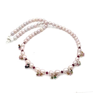 Light Pink Pearl Necklace with Tourmaline Dangle Clusters, 20 inches long
