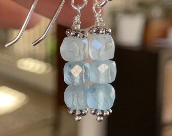 Aquamarine Earrings with Sterling Silver, 1.5 inches