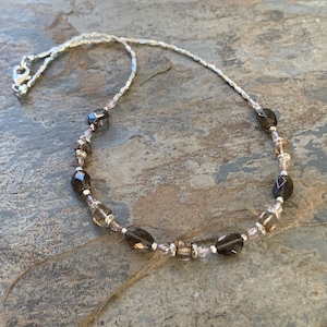 Smoky Quartz, Chocolate Quartz and Pink Topaz Necklace with Sterling Silver, 18 inch
