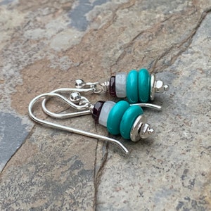 Turquoise Earrings with Moonstone, Garnet and Sterling Silver, 1.25