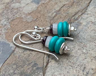 Turquoise Earrings with Moonstone, Garnet and Sterling Silver, 1.25