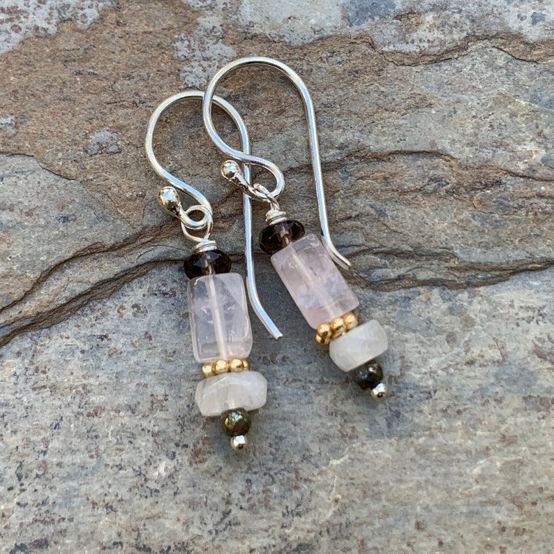 Gold Vermeil and Sterling Silver 1.25 inch Rose Quartz Earrings with Moonstone Smokey Quartz