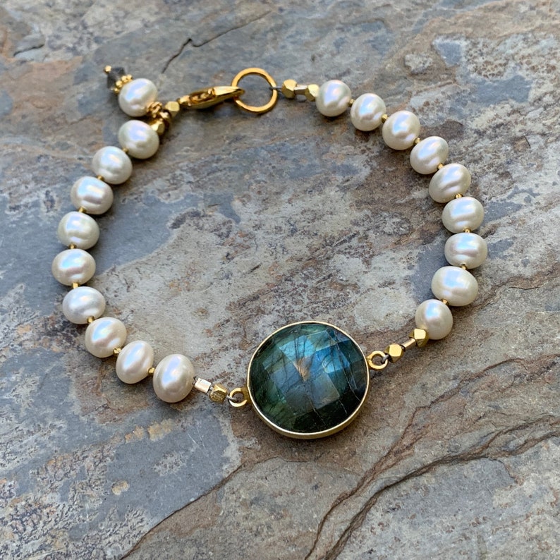 Pearl Bracelet with Labradorite and gold vermeil accents 7.25 inches