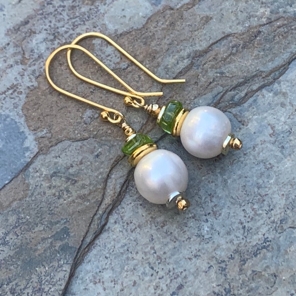 Pearl and Peridot Earrings, Vermeil Gold, 1.5 inch