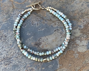 Larimar Bracelet with Sterling Silver Bracelet, Double Strand, 7.5 inch
