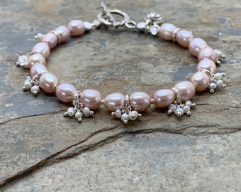 Thistle Pink Pearl Bracelet with White Pearl Dangle Clusters, Karen Hill Tribe Silver, 7.25 inch