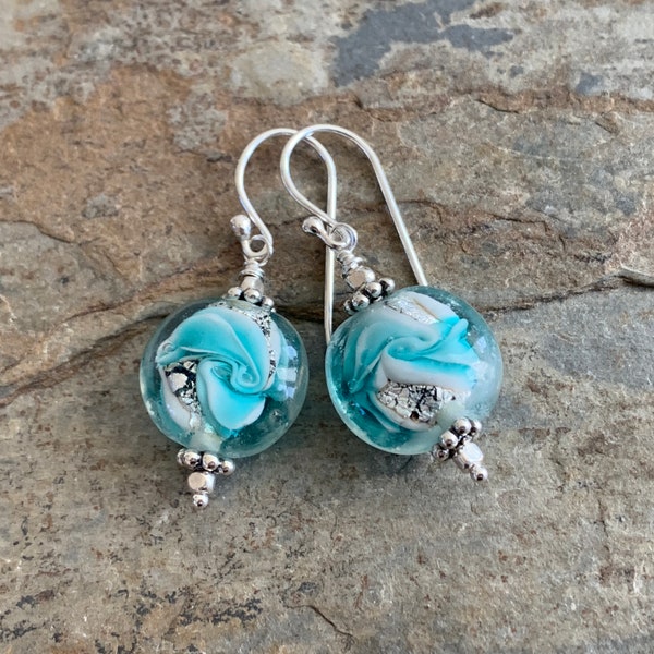 Light Blue and Silver Earrings, 1.5 inches long