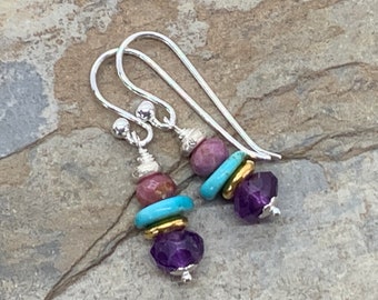 Multi Gemstone Earrings with Amethyst, Turquoise, Ruby, Vermeil Gold and Sterling Silver, 1.25 inchesThe