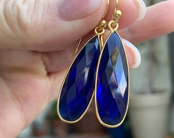 Iolite Teardrop Earrings, Bezel Setting, Gold Plated, 1.75 inch