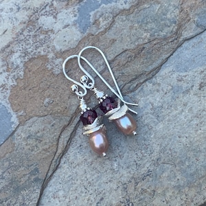 Pink Pearl Earrings with Garnet and Sterling Silver, 1.25 inches long