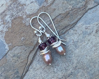 Pink Pearl Earrings with Garnet and Sterling Silver, 1.25 inches long