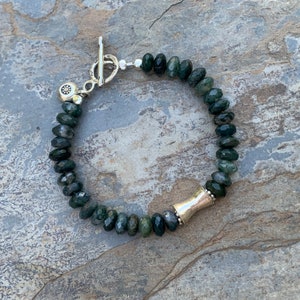 Dark Green Moss Agate Bracelet, with Sterling Silver, 7.5 inch