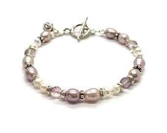 Thistle Pink Pearl Bracelet with White Pearls, Crystals and Karen Hill Tribe Silver, 7.25 inch