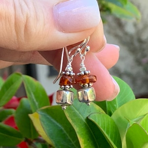 Amber and Sterling Silver Earrings, 1.25 inch