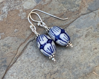 Chinoiserie Earrings, Blue and White with Sterling Silver, 1.5 inches long