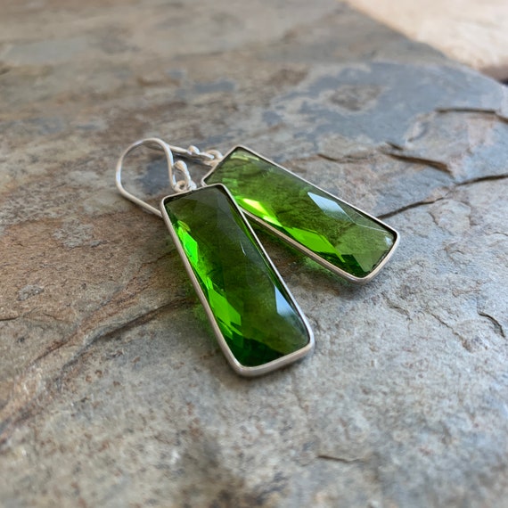 Peridot Quartz, Bezel Earrings, set in Sterling Silver, Long Rectangle Earrings, 2 inch