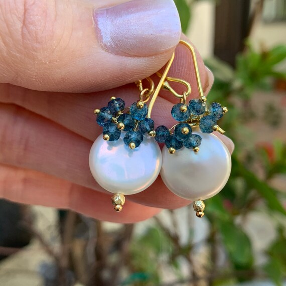Pearl Earrings With Blue Quartz Clusters and Vermeil Gold, Grade