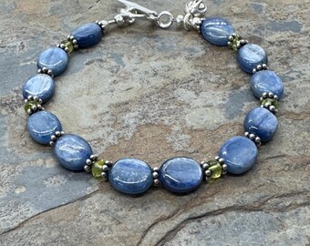 Kyanite Bracelet with Peridot and Sterling Silver, 7.5 inches long