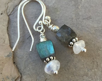 Labradorite and Moonstone Earrings with Sterling Silver, 1 inch long.