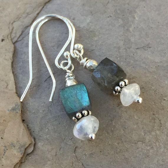 Labradorite and Moonstone Earrings with Sterling Silver, 1 inch long.