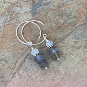 Labradorite and Moonstone Earrings on small silver hoops, 1.5 inch