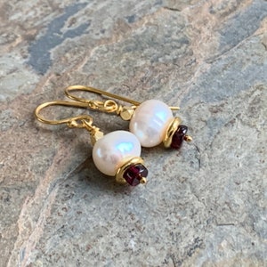 Pearl and Garnet Earrings with Vermeil Gold, 1.25 inch