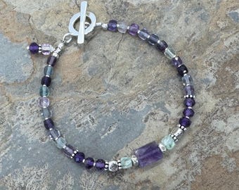 Fluorite Bracelet with Amethyst and Sterling Silver, 7.5 inch