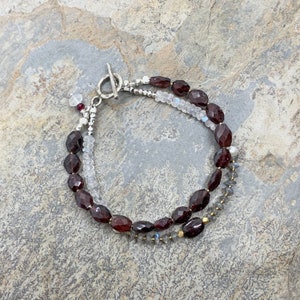 Garnet Bracelet with Labradorite, Moonstone and Sterling Silver and Vermeil Gold, 7.5 inch