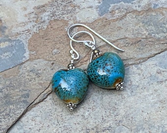 Blue Green Heart Earrings with Sterling Silver, 1.5 inch