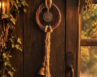Handmade witch bells- protection bells- Grapevine wreath rustic bells, triple moon witch bells