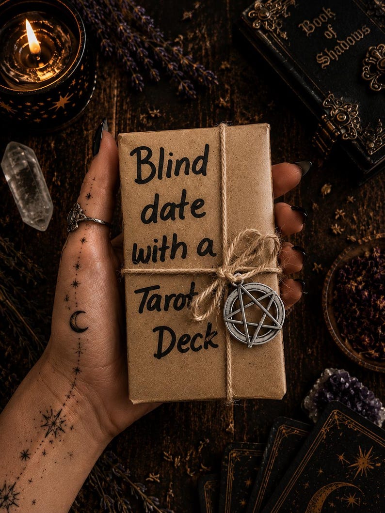 Puede incluir: Una baraja de tarot rectangular envuelta en papel kraft marr&oacute;n, atada con cuerda natural y con un dije de pent&aacute;culo plateado. El texto 'Blind date with a Tarot Deck' est&aacute; escrito con tinta negra en el frente del envoltorio de papel.