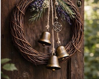 Handmade Witch Bells Protection Charm – Grapevine Wreath, Lavender, Rosemary Decor