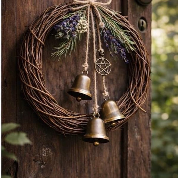 Handmade Witch Bells Protection Charm – Grapevine Wreath, Lavender, Rosemary Decor