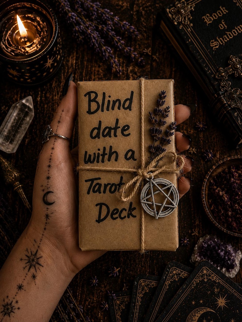 Puede incluir: Una baraja de tarot rectangular envuelta en papel marr&oacute;n con el texto Blind date with a Tarot Deck escrito en tinta negra. El paquete est&aacute; atado con cordel y decorado con una ramita de lavanda seca y un dije de pentagrama de metal plateado.