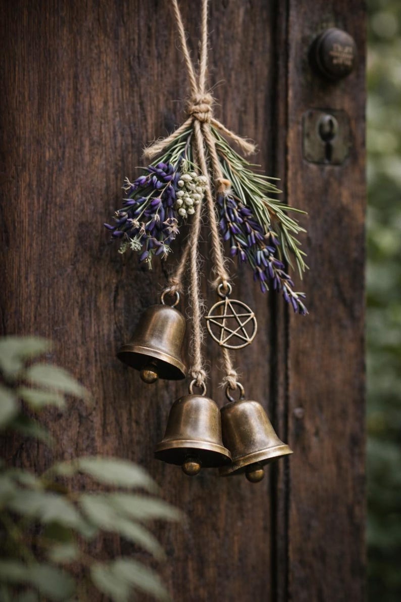 May include: A rustic hanging decoration featuring three bronze bells suspended from twine, adorned with lavender, greenery, and a pentagram charm. The arrangement is set against a weathered wooden door, creating a natural, earthy aesthetic.