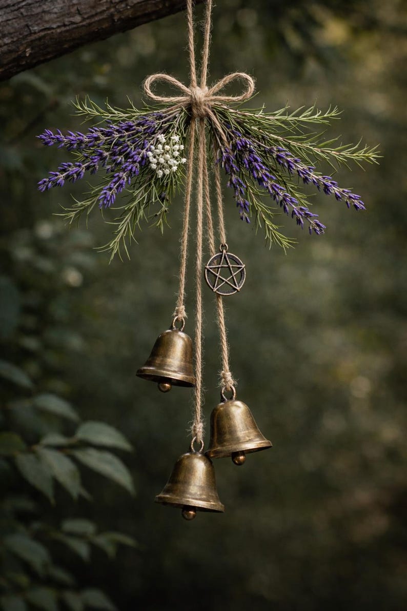 Handmade Witch Bells – Rustic Protection Charm with Lavender, Rosemary, Pentacle, witchy gifts, witchy decor image 5