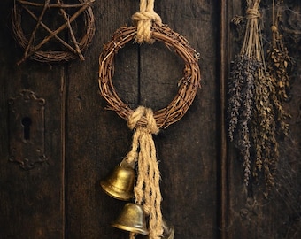 Handmade witch bells- protection bells- Grapevine wreath rustic bells