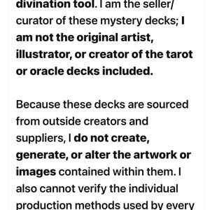 Puede incluir: Un documento informativo blanco con texto negro titulado Important Product & AI Disclaimer. El texto explica que el art&iacute;culo es un suministro de tarot u or&aacute;culo y una herramienta de adivinaci&oacute;n, indicando que el vendedor no es el creador.