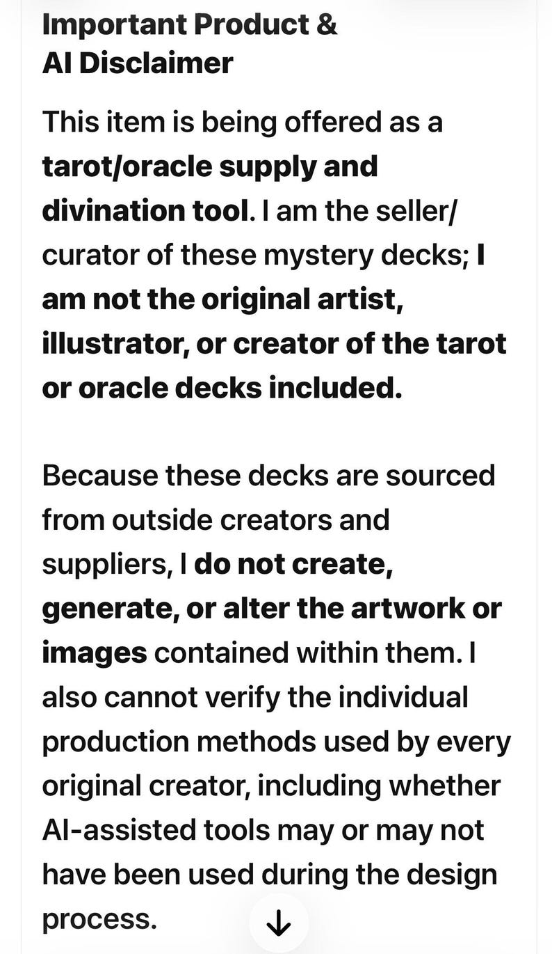 Puede incluir: Un documento informativo blanco con texto negro titulado Important Product & AI Disclaimer. El texto explica que el art&iacute;culo es un suministro de tarot u or&aacute;culo y una herramienta de adivinaci&oacute;n, indicando que el vendedor no es el creador.