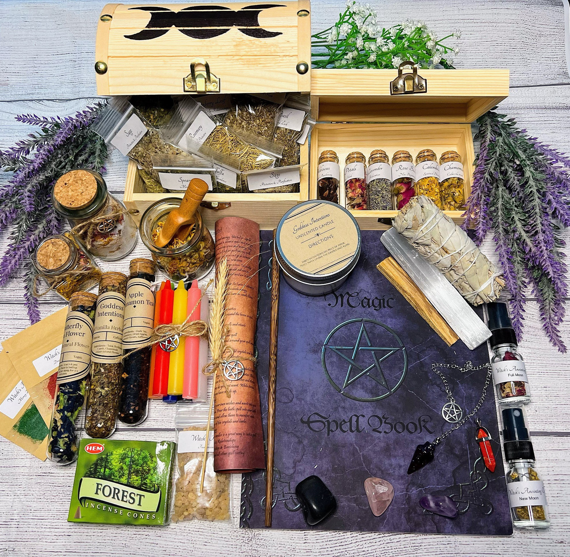 54pcs Witchcraft Supplies Kit For Witch Altar, Spell Candles For Witches,  Crystals Spell Jars For Witches, Herbs For Spells, Beginner Witch Kit Box, W